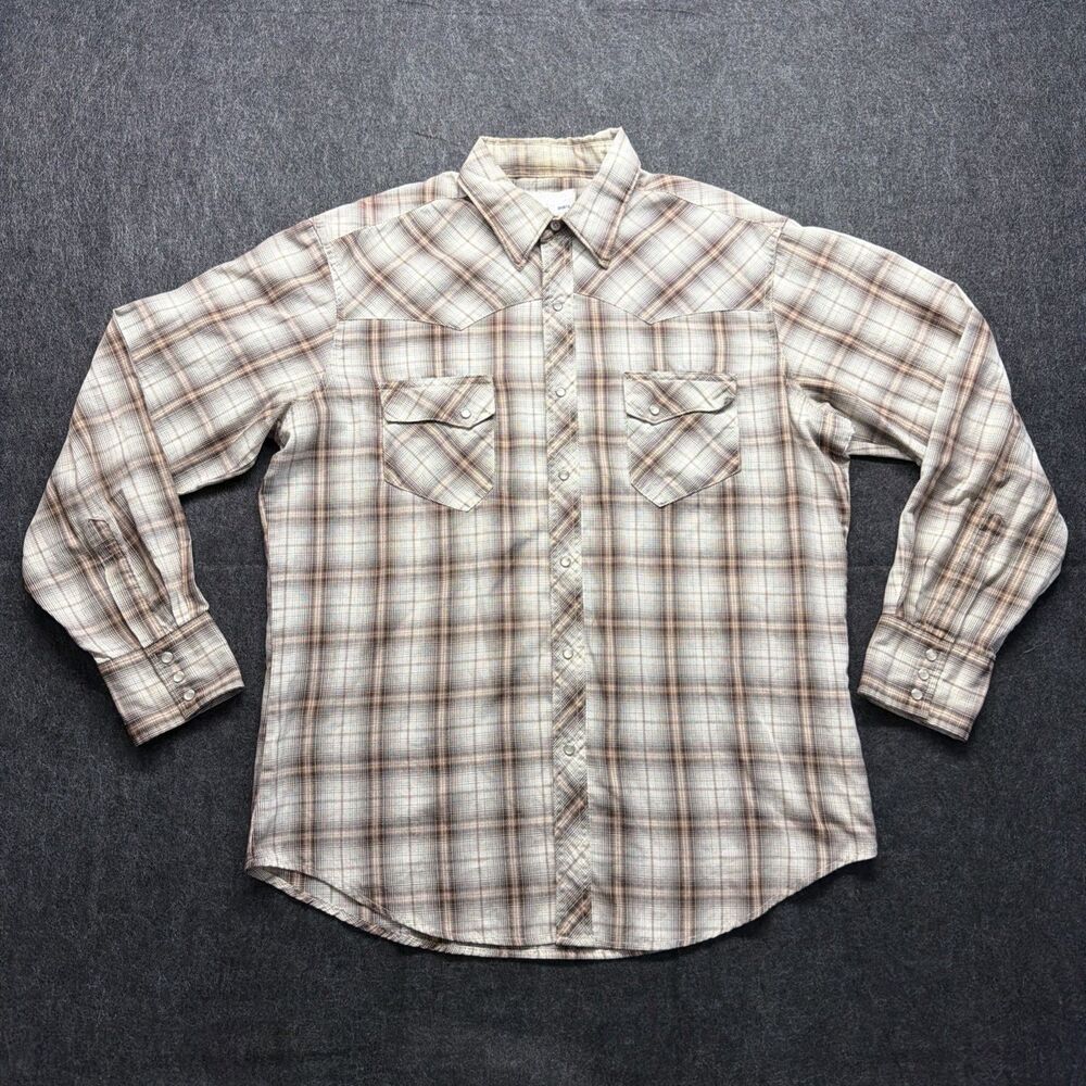 Vintage 80s Wrangler Wrancher Shirt Pearl Snap Tan Plaid Western Men’s XL